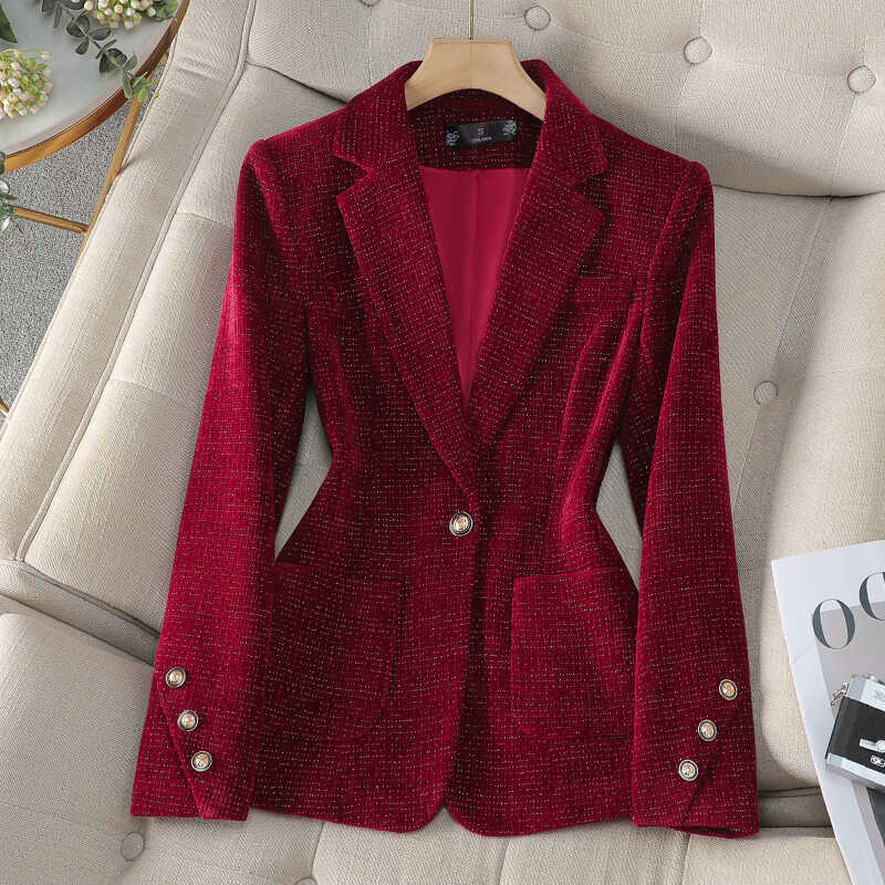 时尚洋气红色金丝绒西装外套女秋冬新款高端轻奢上镜百搭气质西服