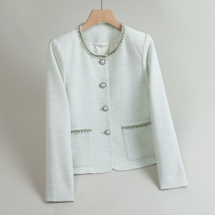 女神范短款 新款 粗花呢西服上衣 浅绿色小香风外套女春季 休闲时尚