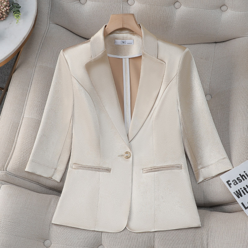 时尚气质香槟色小西装外套女夏季薄款高级感修身休闲缎面西服上衣