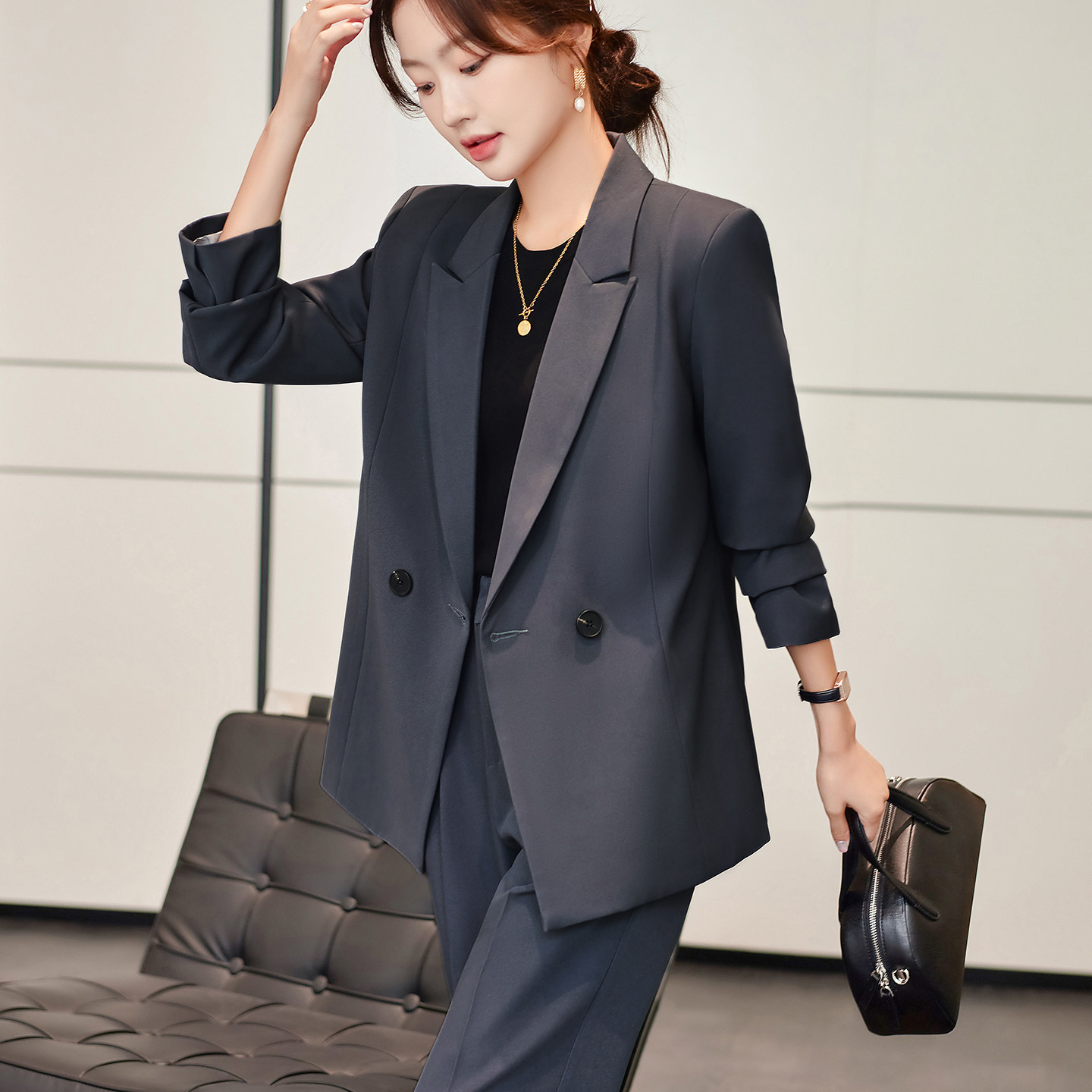 宽松休闲灰色西装套装女春秋新款面试通勤气质正装职业西服工作服