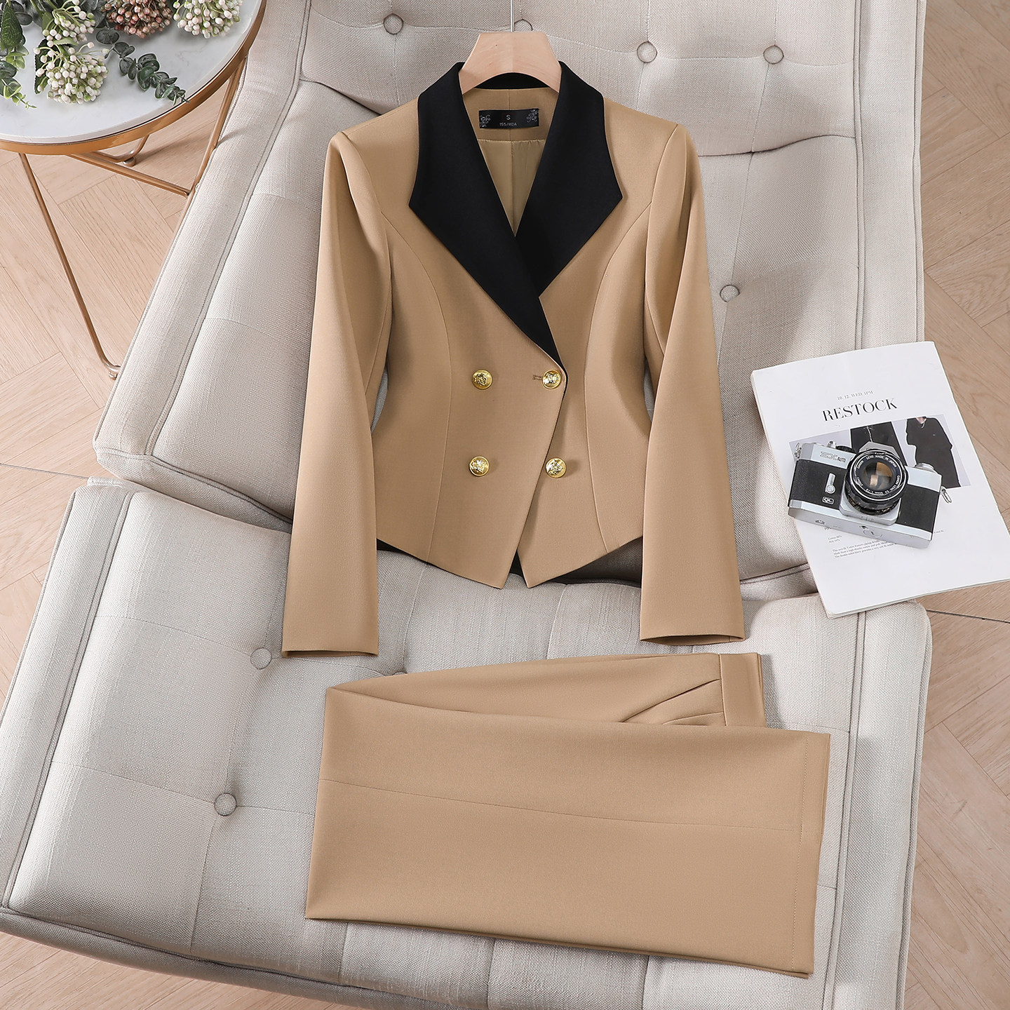 撞色阔腿裤西装套装女春秋女神范设计感休闲时尚气质短款职业西服