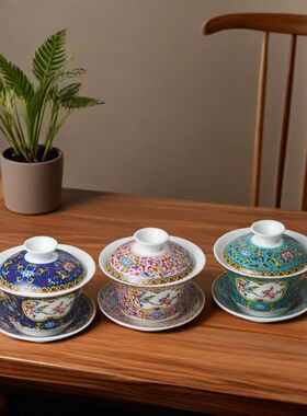 3.2英寸春暖花开陶瓷三才盖碗小号双龙茶碗功夫茶茶具结婚敬礼杯