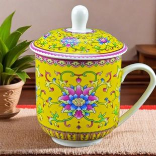 陶瓷茶杯家用民族风雅利杯茶杯320ml办公室杯子水杯主人杯茶水杯