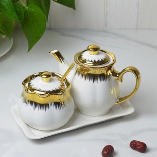 镀钛金色三件套辣椒罐油壶组合陶瓷调味罐醋壶带托盘家用厨房用品