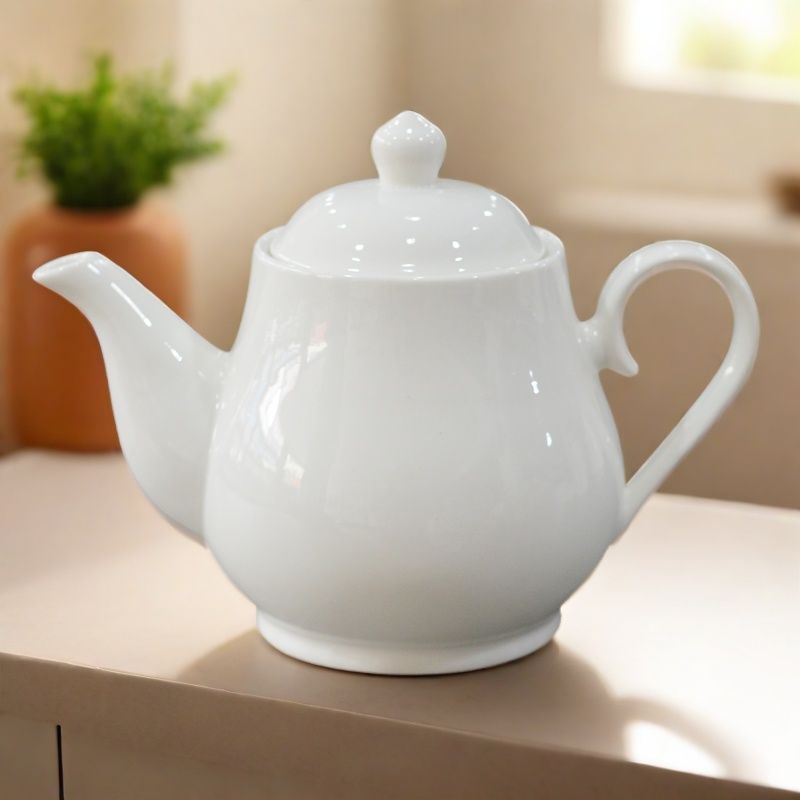 饭店酒店大号850ml陶瓷高温茶壶大容量纯白色茶具餐厅泡茶水壶