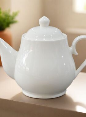饭店酒店大号850ml陶瓷高温茶壶大容量纯白色茶具餐厅泡茶水壶