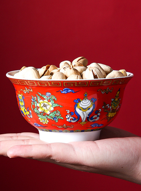 4.5寸藏式民族风陶瓷碗 吉祥八宝双龙顶舞碗 供水碗中式贡碗餐具