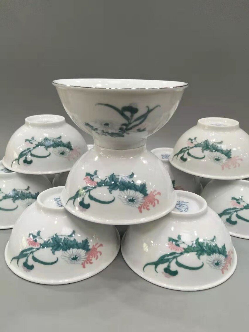 醴陵群力老瓷器90年代釉下彩五彩淡竹菊12厘米饭碗原装原厂一级品