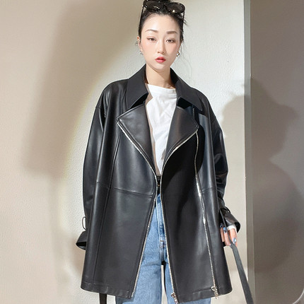 海宁2024年春秋新款真皮皮衣中长款宽松高端西装领机车夹克女外套