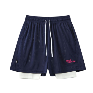 男子冰丝速干双层内衬刺绣宽松潮牌假两件短裤 美式 五分篮球运动裤