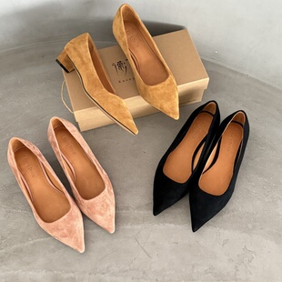 正品德芙琳鹿皮女鞋绒面浅口法式尖头粗跟鞋软底舒适百搭单鞋3.5