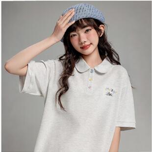 少女学院风彩扣刺绣POLO领短袖T恤女夏宽松显瘦上衣初中学生潮流