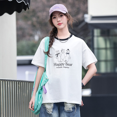 初中生小熊印花宽松短袖T恤女