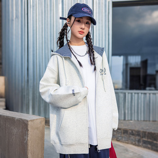 初中生休闲风连帽卫衣女2026春装少女大童拉链开衫宽松学院风外套