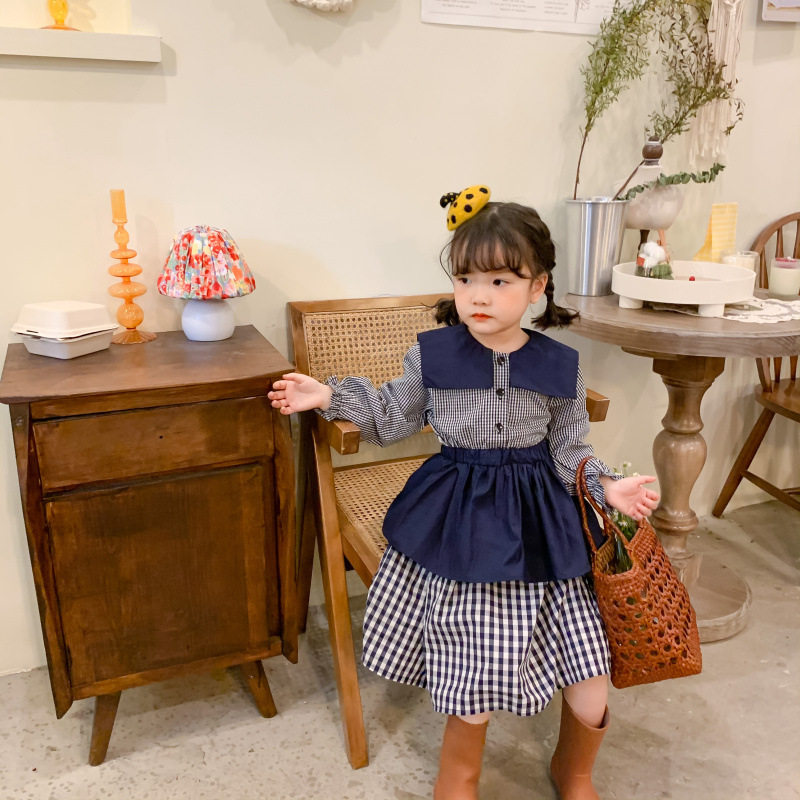 2026新款韩国童裙套装春秋季新品韩版女童大翻领格子连衣裙+围裙