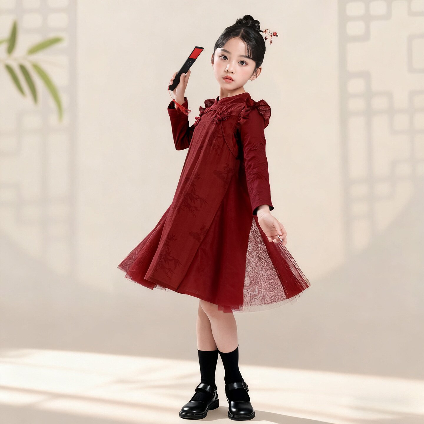 2026新款中国风儿童演出服女童旗袍裙红色连衣裙小学生汉服合唱啦
