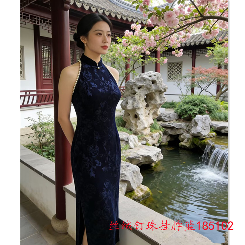 2026新款丝绒钉珠露肩挂脖性感旗袍春时尚改良新中式年轻少女