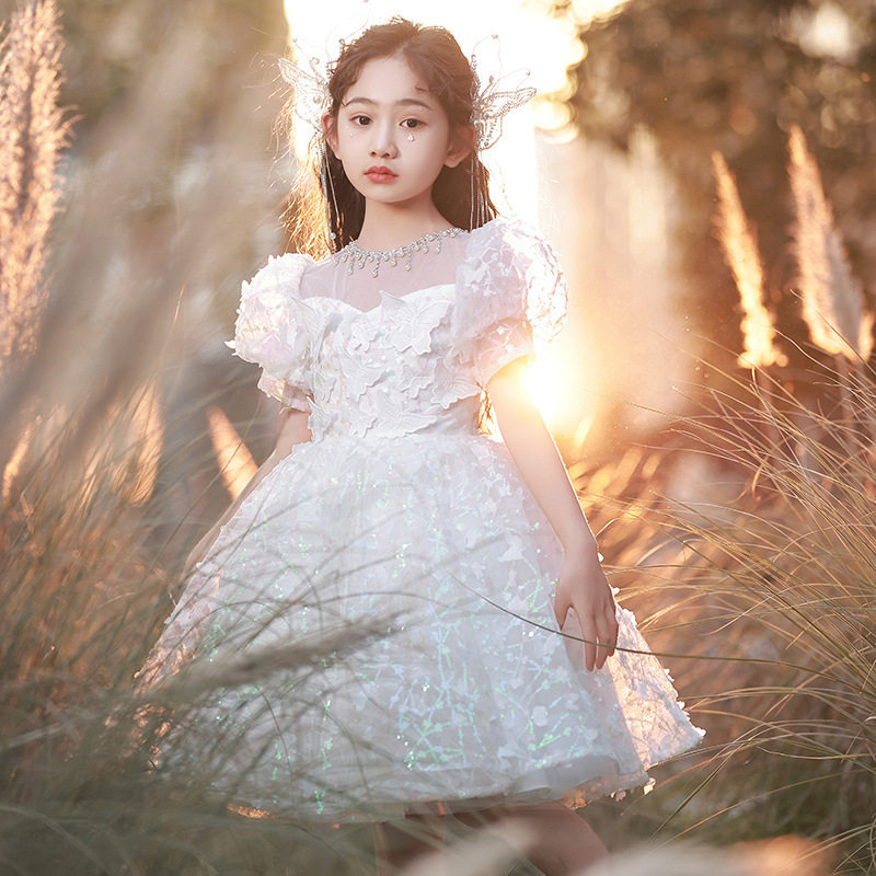 2026新款白色礼服女童公主裙儿童走秀礼服小女孩花童主持人钢琴演