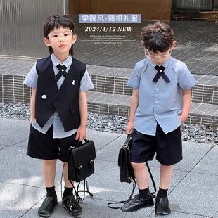2026新款儿童马甲礼服夏季男女童英伦侧扣短裤西服男宝六一演出服