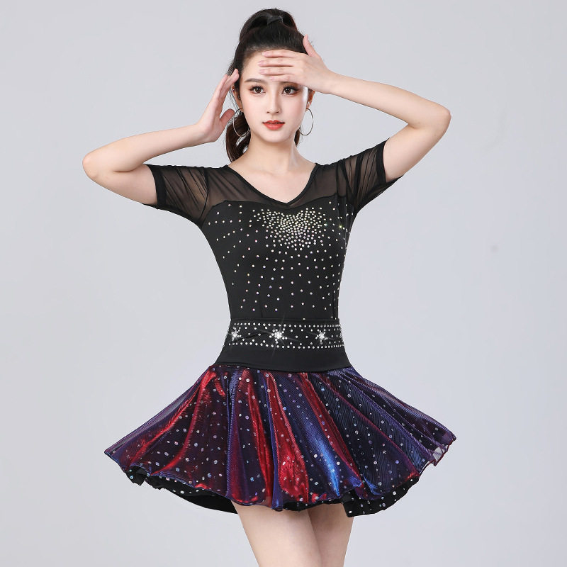 2026新款吉特巴烫钻短袖上衣拉丁舞蹈服广场舞服套装三步踩跳舞短