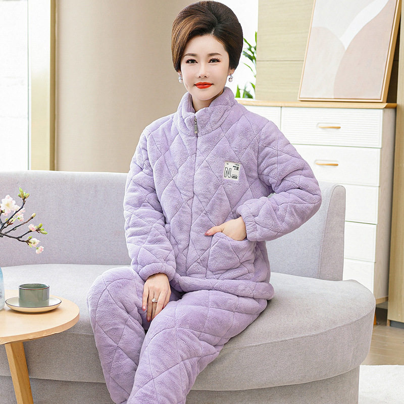 2025新款中老年冬季睡衣女开衫珊瑚绒保暖加厚夹棉长袖牛奶绒