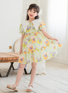 2026新款女童碎花裙子夏季泡泡袖小女孩公主裙尖领中大童连衣裙棉