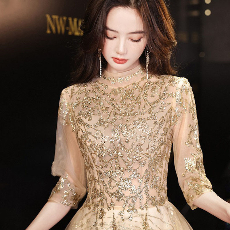2026新款晚礼服裙主持人气质时尚感洋气大方气质金色年会连衣裙女