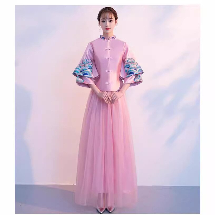 2026新款中式伴娘服长款秋冬季复古立领旗袍裙新娘结婚伴娘长裙显