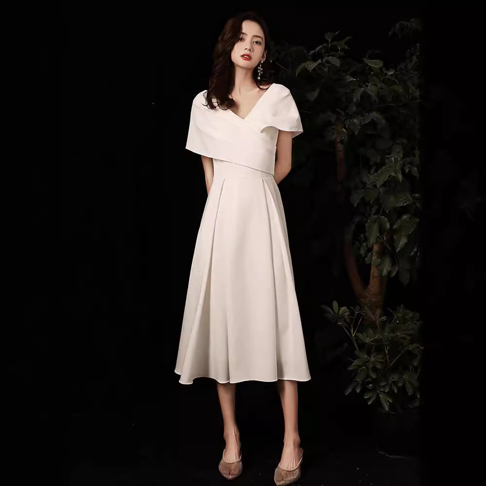2026新款白色小晚礼服连衣裙名媛宴会气质缎面法式洋装女质感高品