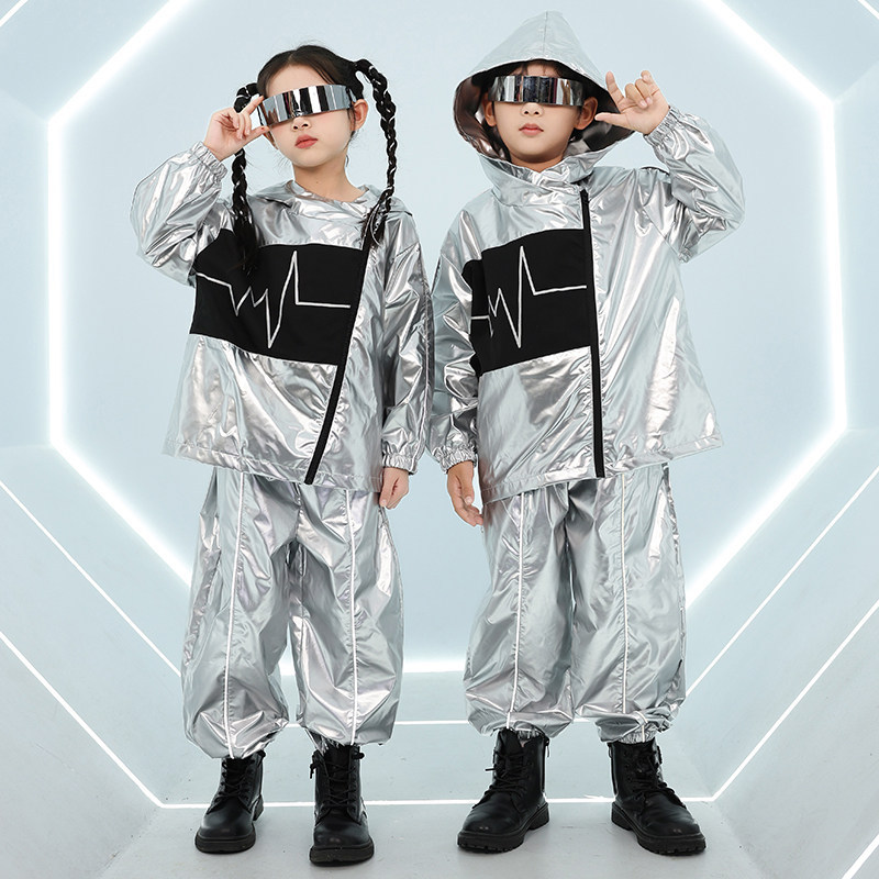 2026新款儿童机器人AI主题未来科技感服装外套银色亮闪闪舞蹈演