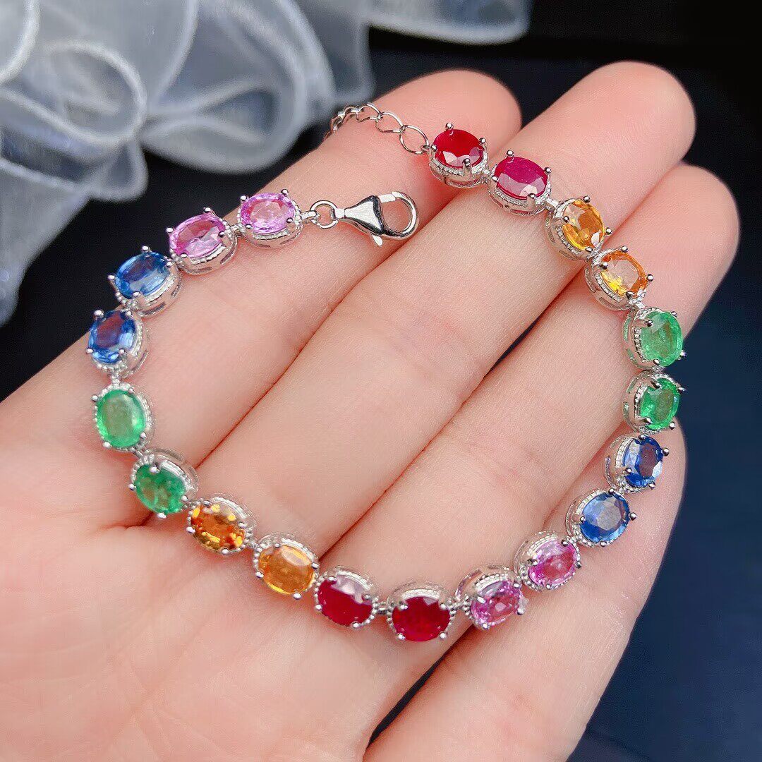 糖果色红蓝绿宝石手链925银镶嵌精工高品质首饰礼物可定制K金简约