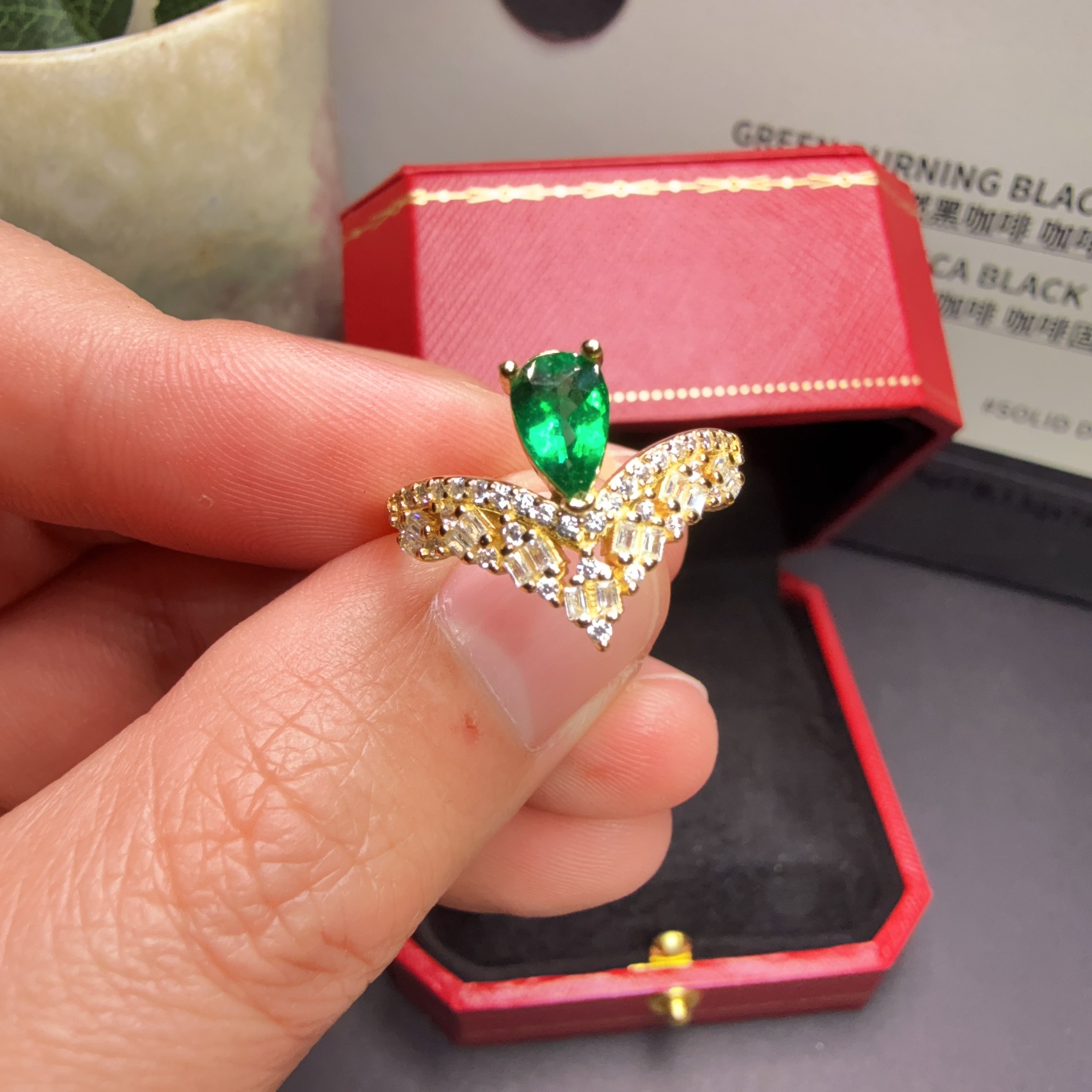 天然祖母绿戒指木佐沃顿0.46ct水滴大证S925银精品可定做K金送人