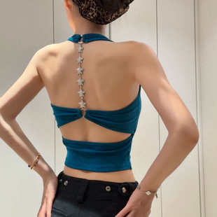 纯欲风辣妹挂脖露背星星链条吊带背心带胸垫打底镂空抹胸上衣