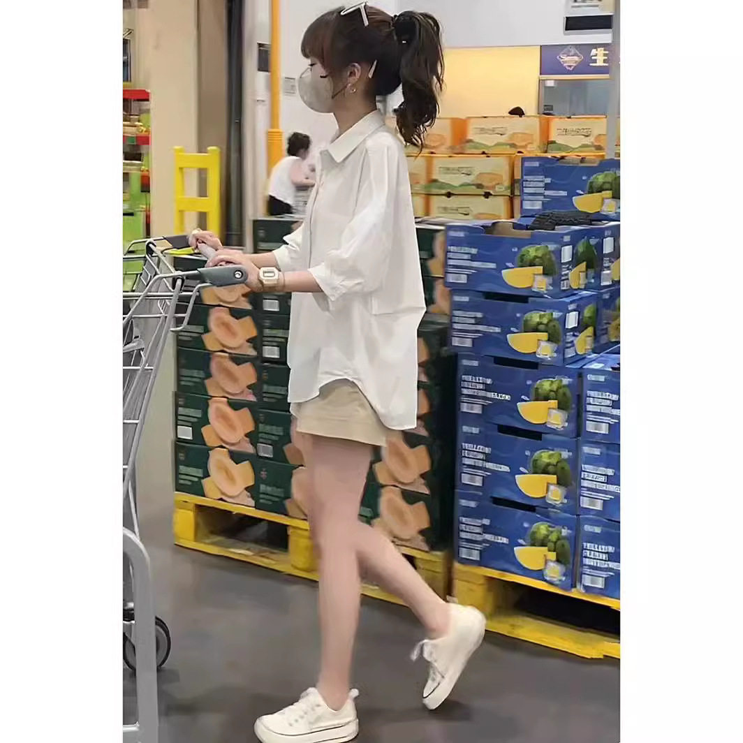 设计感港风chic宽松百搭白色衬衫上衣女夏季休闲阔腿短裤两件套装