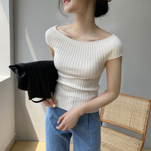 半袖 2024夏季 修身 内搭 打底衫 一字肩针织T恤女短袖 短款 外穿修身