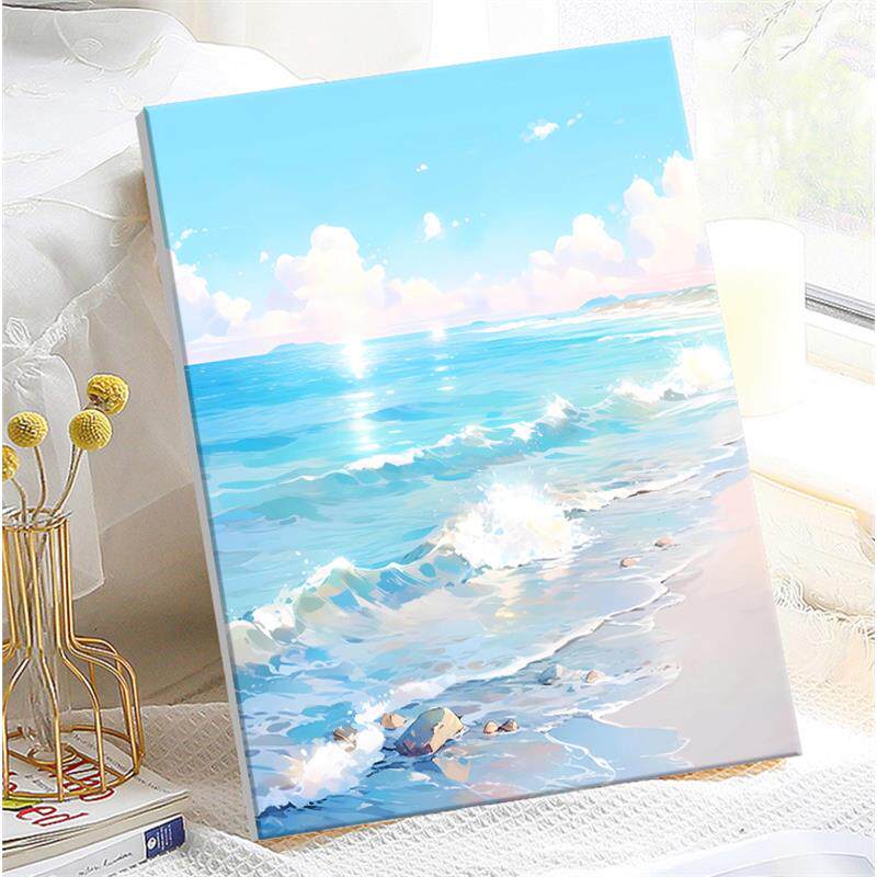 夏日海滩数字油画diy填充手绘丙烯画减压无聊手作解闷手工画填色