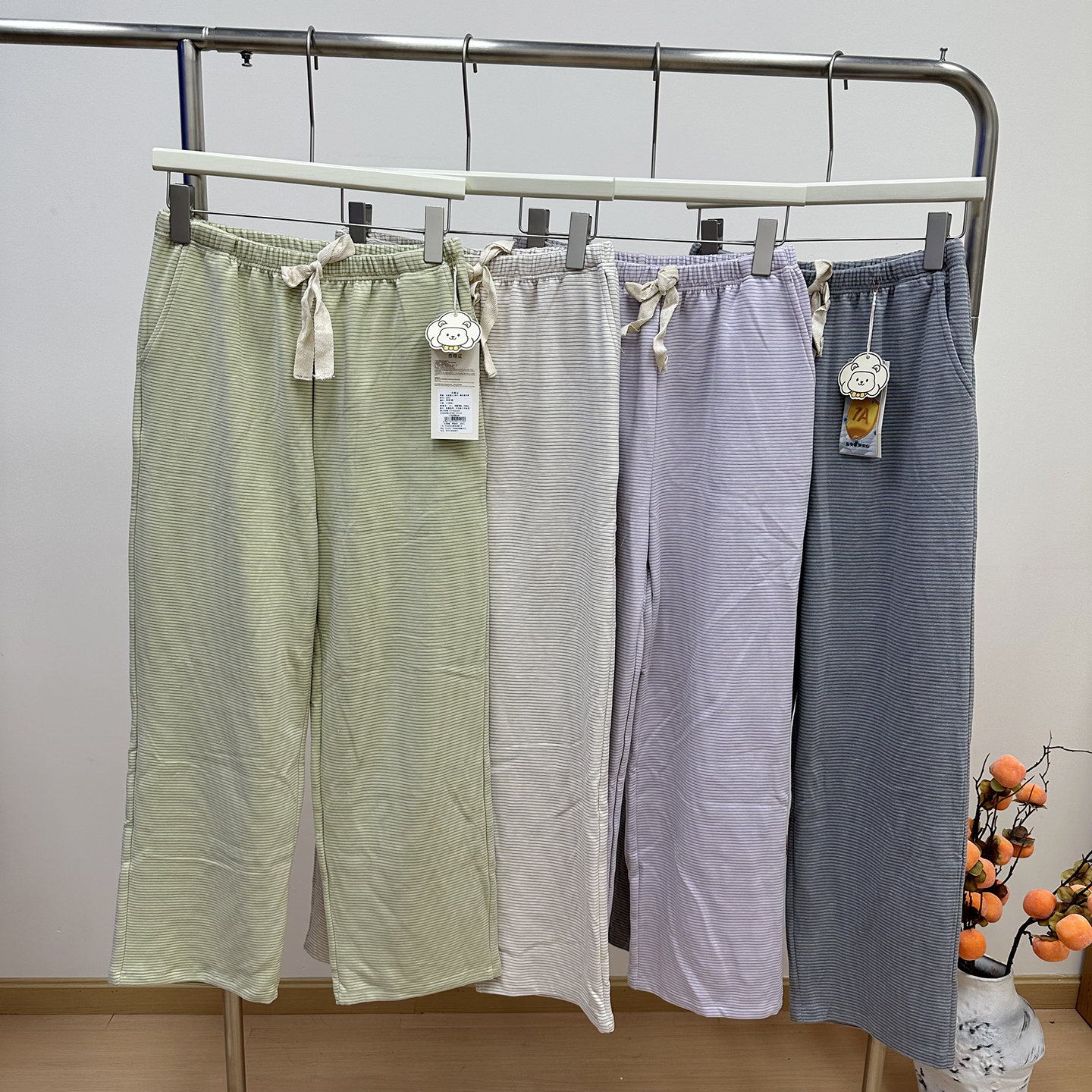 绵羊毛桑蚕丝炫彩条口袋直筒裤居家外穿舒适柔软抽绳条纹保暖睡裤