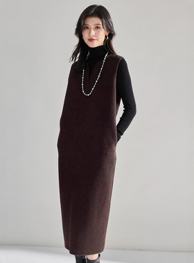 25冬高级感灰色羊绒天丝羊毛双面呢通勤直筒宽松无袖连衣裙15918