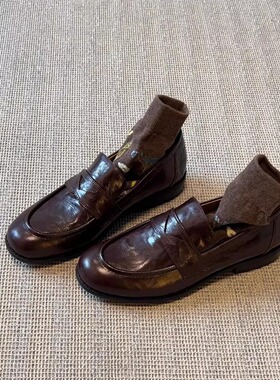 羊皮版~复古真皮一脚蹬懒人鞋女粗跟平底单鞋英伦风小皮鞋乐福鞋