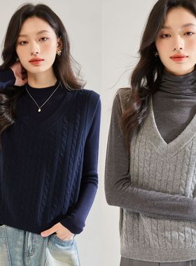 25秋季新款复古V领蓬松舒适羊毛绞花宽松马甲背心短款上衣女22657