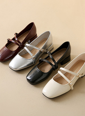芭蕾风玛丽珍女鞋2025夏季新款配裙子方头粗跟小皮鞋浅口单鞋