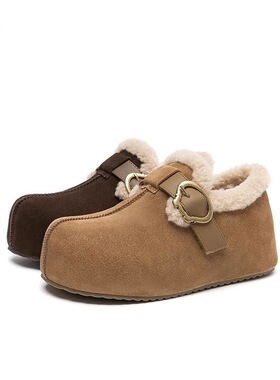 时尚厚底搭扣勃肯鞋女2025新加绒保暖雪地靴棉鞋冬季毛毛鞋豆豆鞋