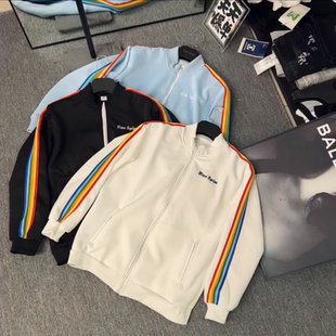 秋冬季轻奢风彩虹条拉链加绒卫衣男女彩带网红夹克休闲开衫上衣