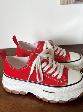 2024新款韩版白色厚底低帮时尚增高青春潮流百搭学院休闲帆布鞋子