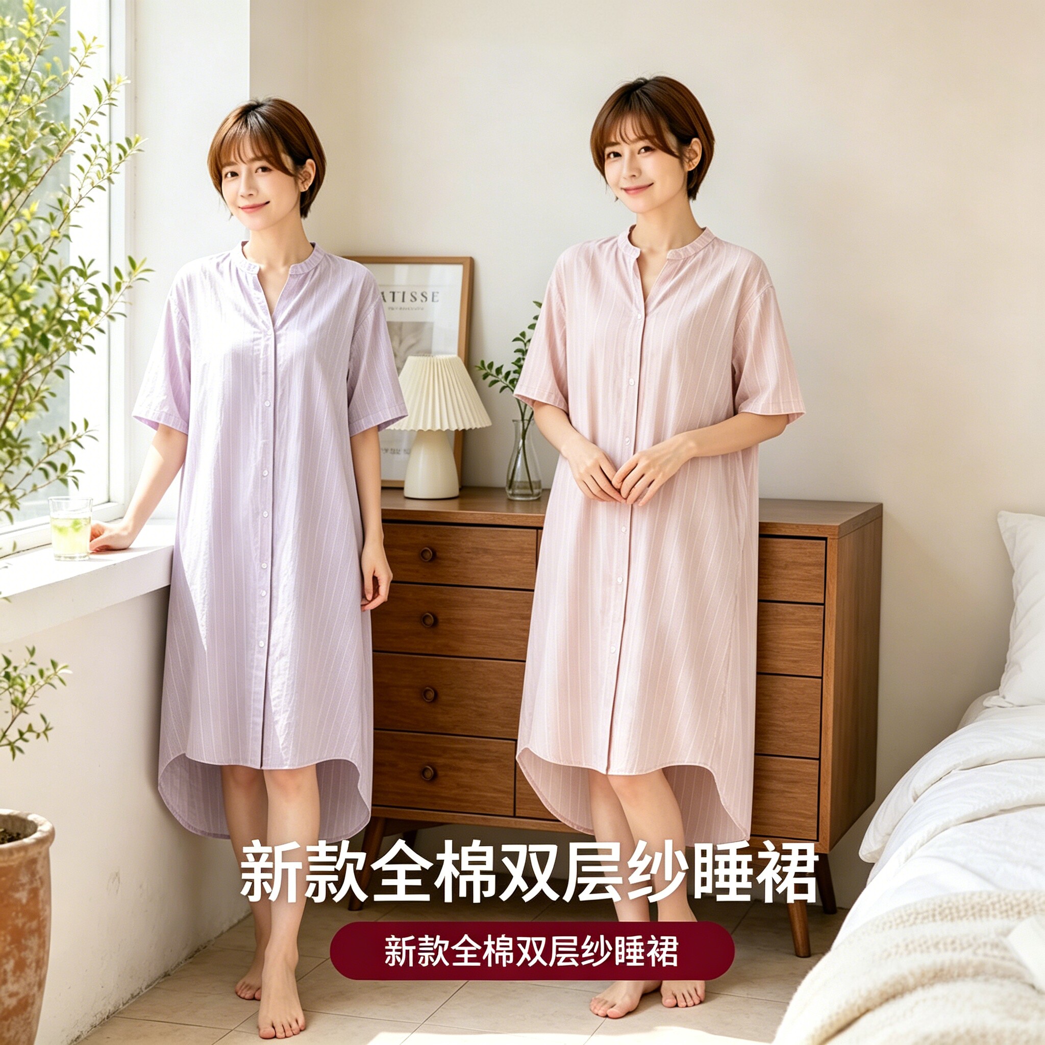 日式夏季一体式纱织点状提花睡衣睡裙女日本家居服可外穿新款