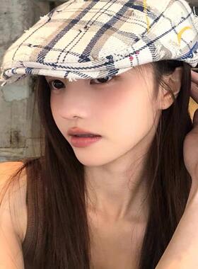 复古做旧破洞格纹前进帽女春夏新款百搭显脸小报童帽反戴鸭舌帽
