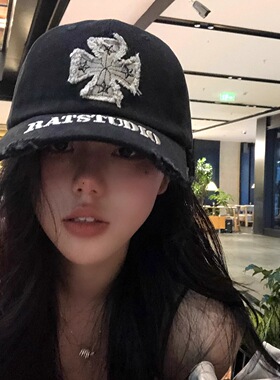 美式复古十字架毛边宽檐显脸小棒球帽女夏遮阳防晒鸭舌帽