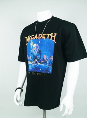 摇滚短袖Megadeth激流金属Vintage小领口落肩印花黑色重磅宽松T恤