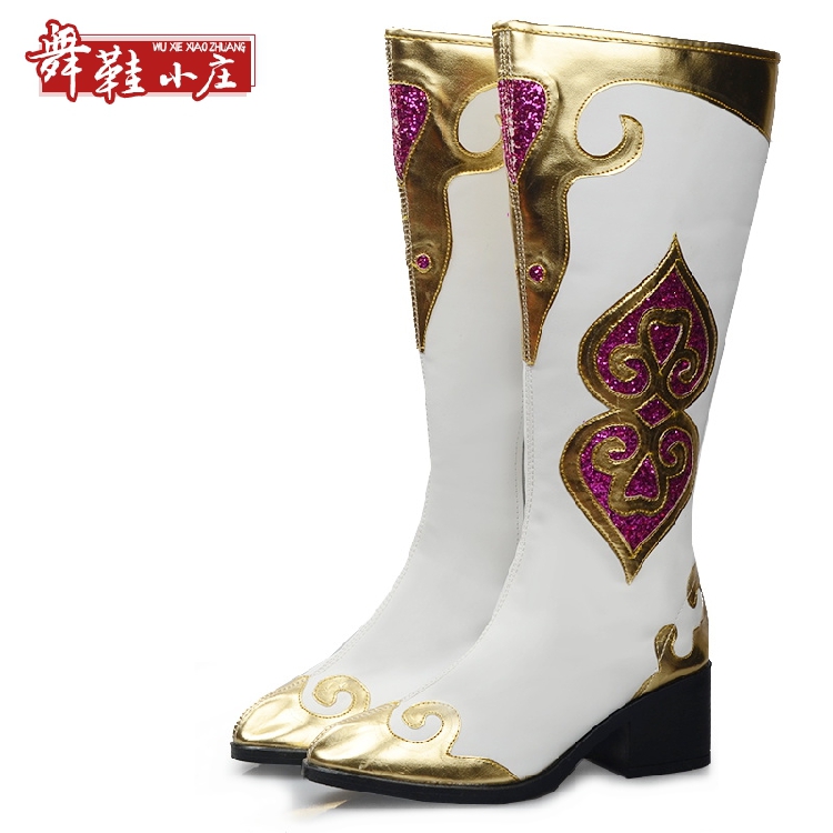女童白色蒙古靴子蒙古藏族羌族舞蹈鞋骑士高跟马丁高筒靴子可定制