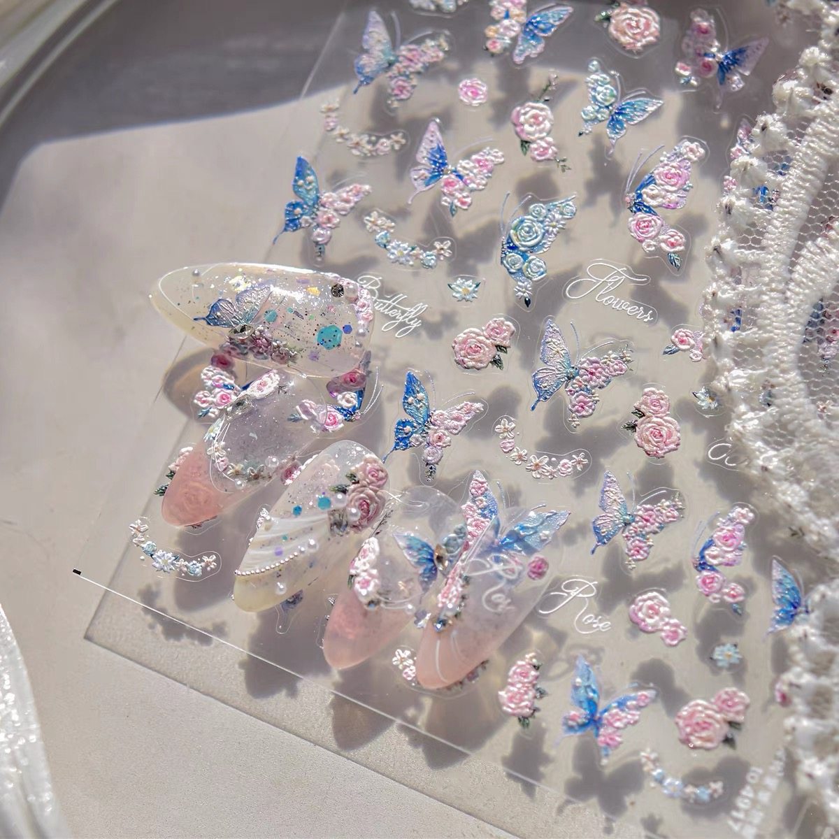 花花蝴蝶美甲贴纸浮雕立体纯欲风粉蓝玫瑰花新款背胶指甲贴装饰品